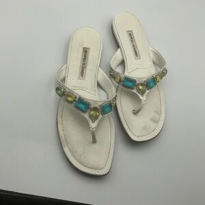 Manolo Blahnik White Sandals with Blue and Green Accents